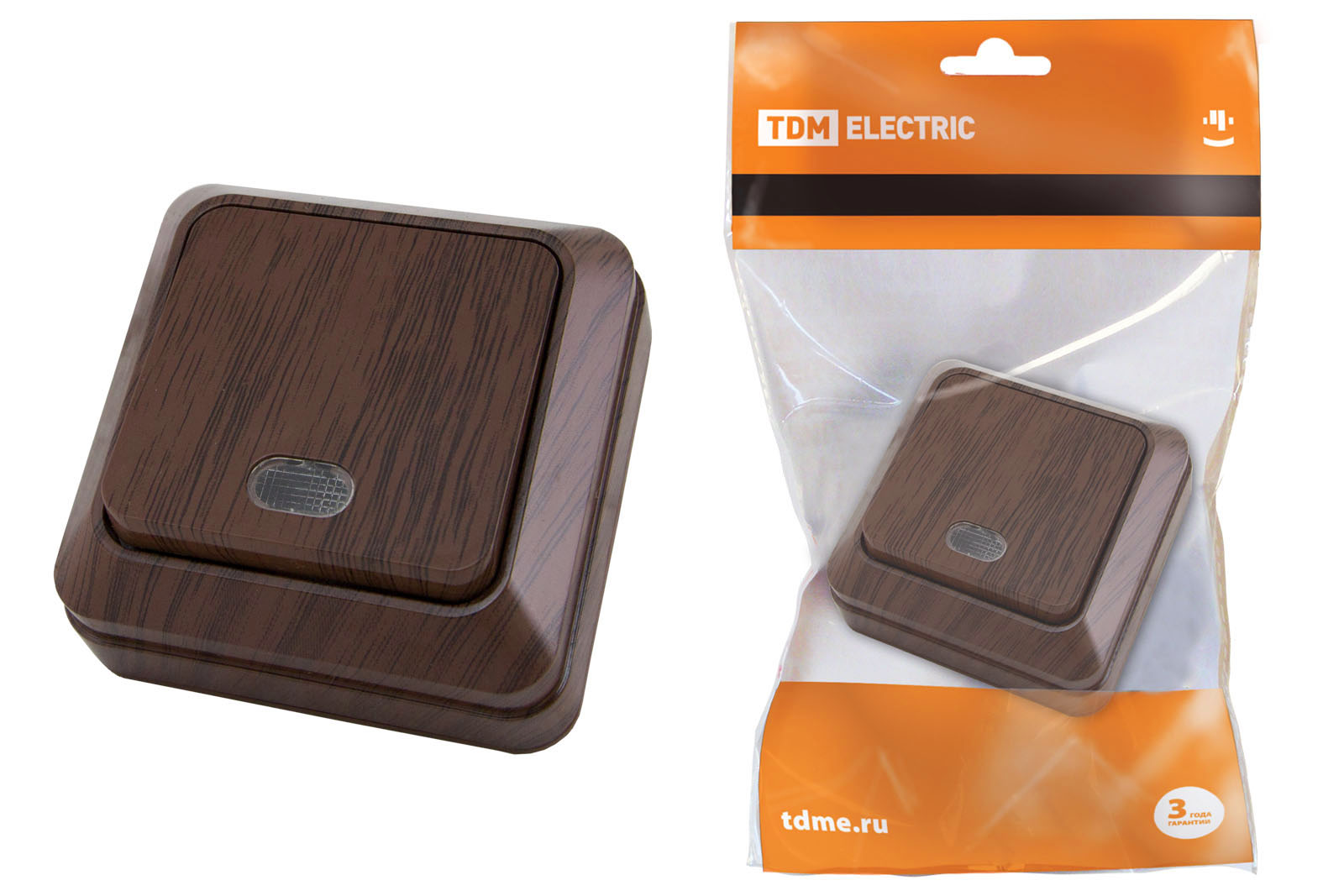 Переключатель на 2 направления 1-кл. открытой установки с подсветкой IP20 10А, бук Ладога